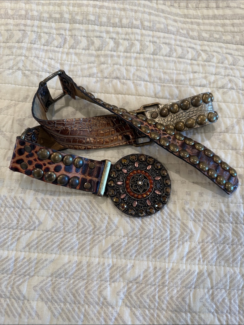 Leatherock Brown Leopard-Accent Studded Belt with Ornate Round Buckle